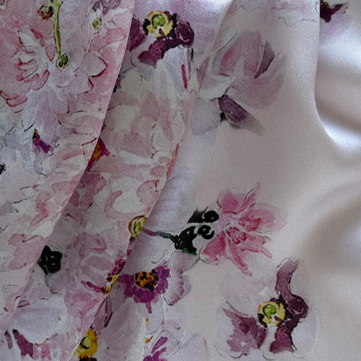 Double Border - Romantic Rosy Floral Melange Silk Satin Charmeuse (Made in Italy)