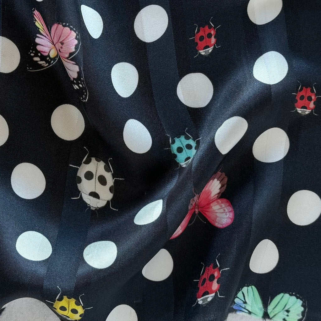 Couture Dotted Fortunate Ladybugs & Butterflies Silk Satin Charmeuse Jacquard (Made in Italy)