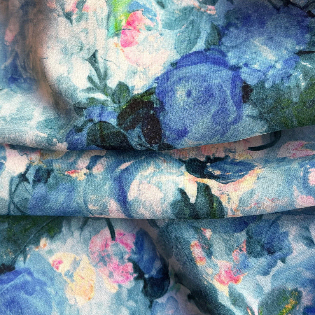 Monet's Impressionist Blue Roses Silk Crepe de Chine (Made in Italy)