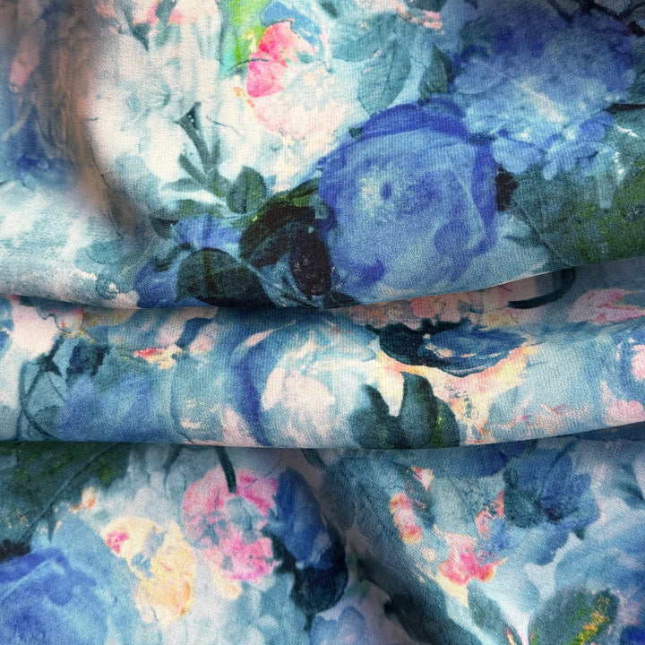 Monet's Impressionist Blue Roses Silk Crepe de Chine (Made in Italy)