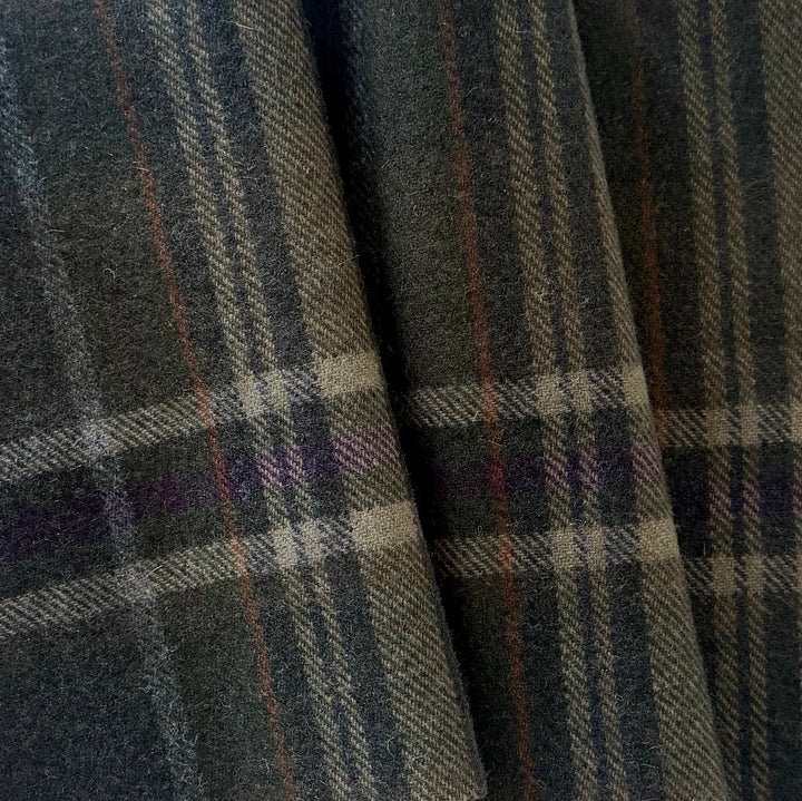 Designer Mid-Weight Plaid Olive & Plum Dreams Cashmere Coating (Made in Italy)