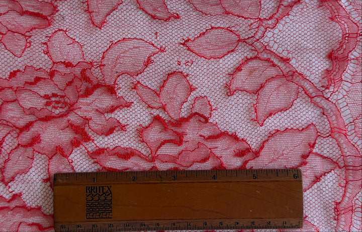 Sultry Lipstick Red Floral Polyamide Blend Chantilly Lace Fabric (Made in France)