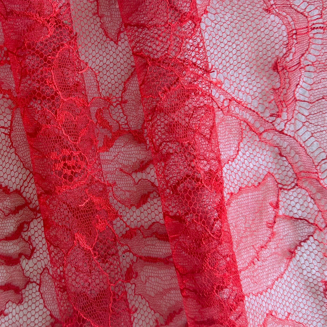 Sultry Lipstick Red Floral Polyamide Blend Chantilly Lace Fabric (Made in France)