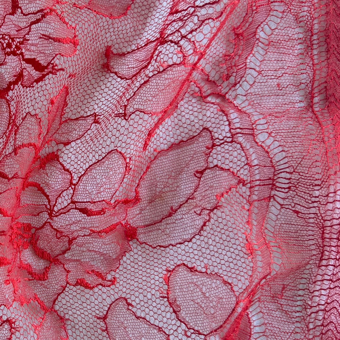 Sultry Lipstick Red Floral Polyamide Blend Chantilly Lace Fabric (Made in France)