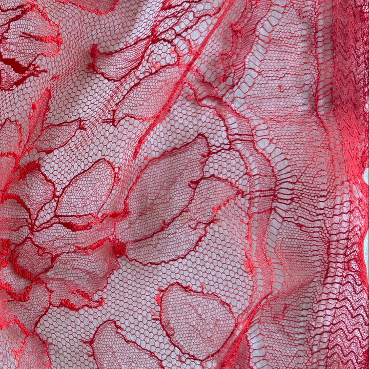 Sultry Lipstick Red Floral Polyamide Blend Chantilly Lace Fabric (Made in France)