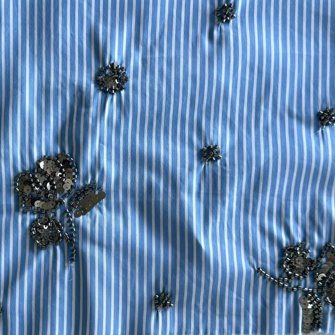 Couture Gunmetal Sequined & Beaded Appliqués Striped Cotton Blend Shirting (Made in Italy)