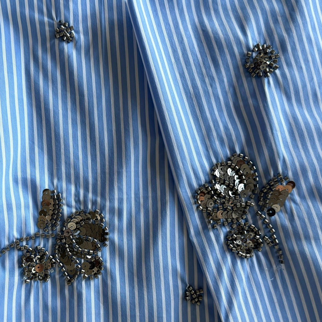 Couture Gunmetal Sequined & Beaded Appliqués Striped Cotton Blend Shirting (Made in Italy)