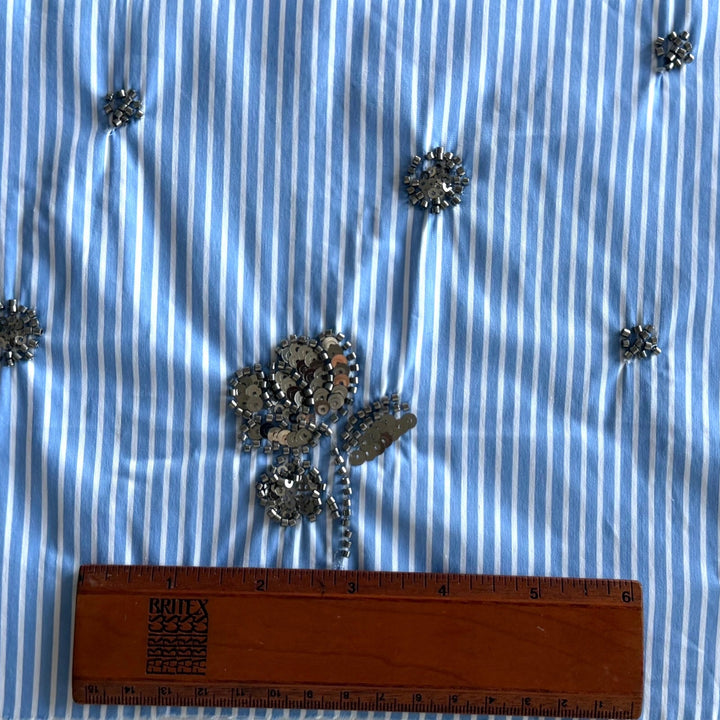 Couture Gunmetal Sequined & Beaded Appliqués Striped Cotton Blend Shirting (Made in Italy)