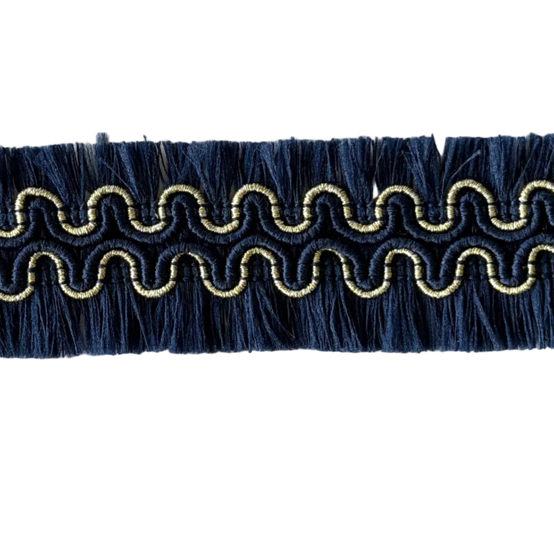 1" Navy Blue & Gold Waves Double-Sided Fringed Trim (Made in France)