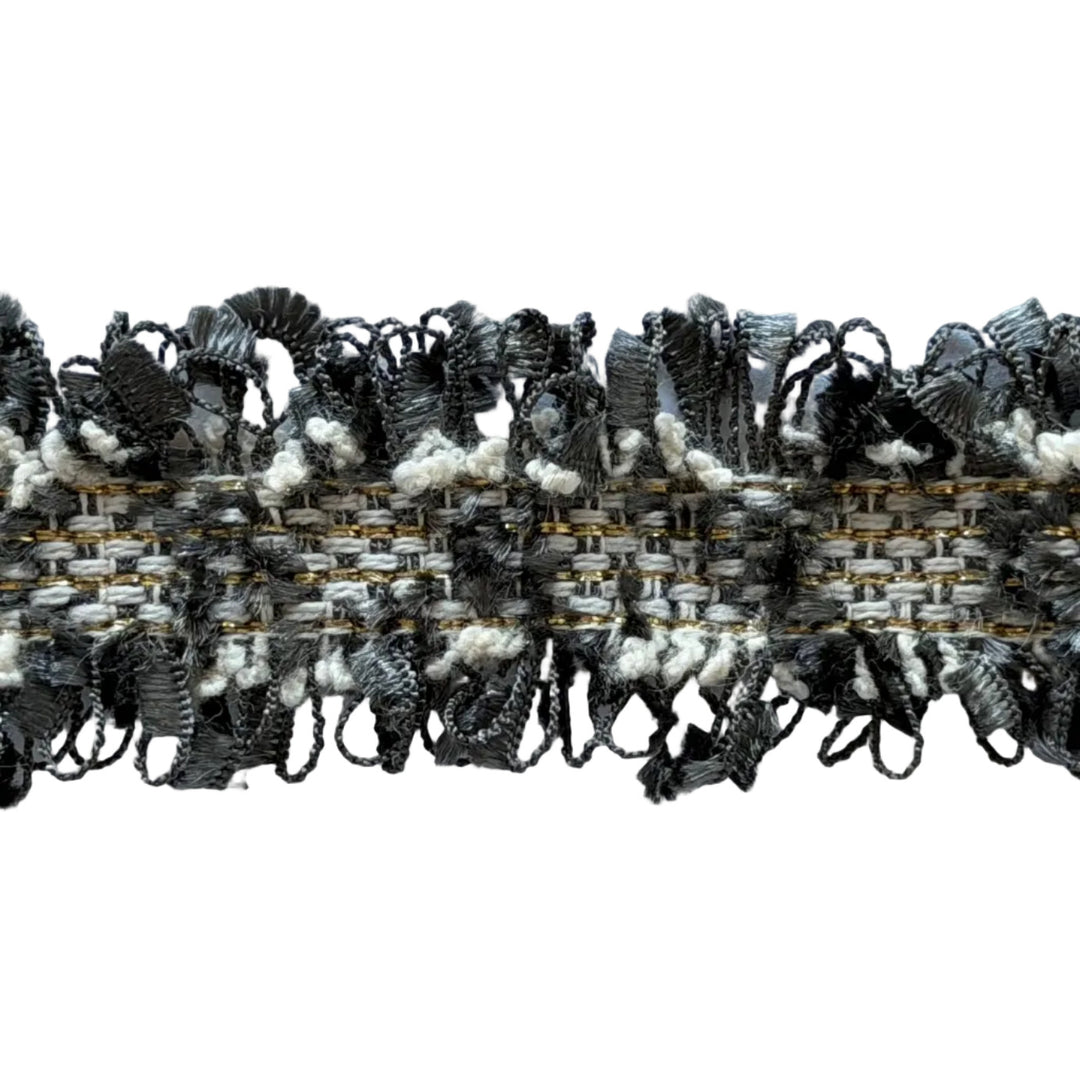 1" Charcoal & Gold Tweedy Double-Fringed Trim (Made in France)