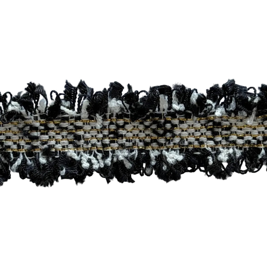 1" Black/White & Gold Tweedy Double-Fringed Trim (Made in France)