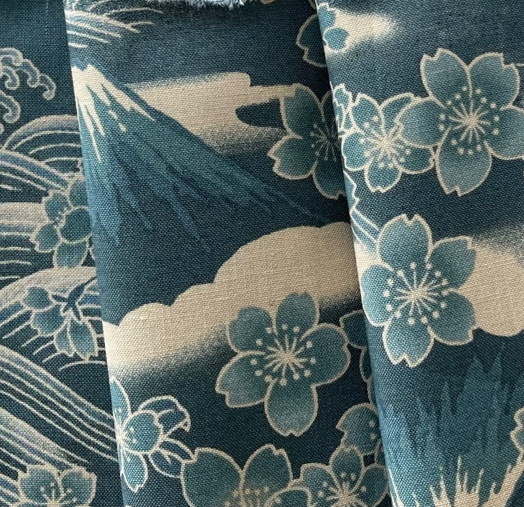 Mount Fuji & Sakura Blossoms Denim Teal Quilting Cotton (Made in Japan)