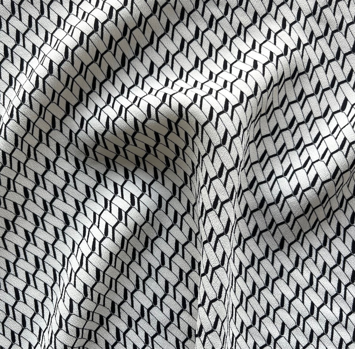 Airy Small-Scale Geometric Black & Off-White Rayon Viscose Crepe (Made in Italy)