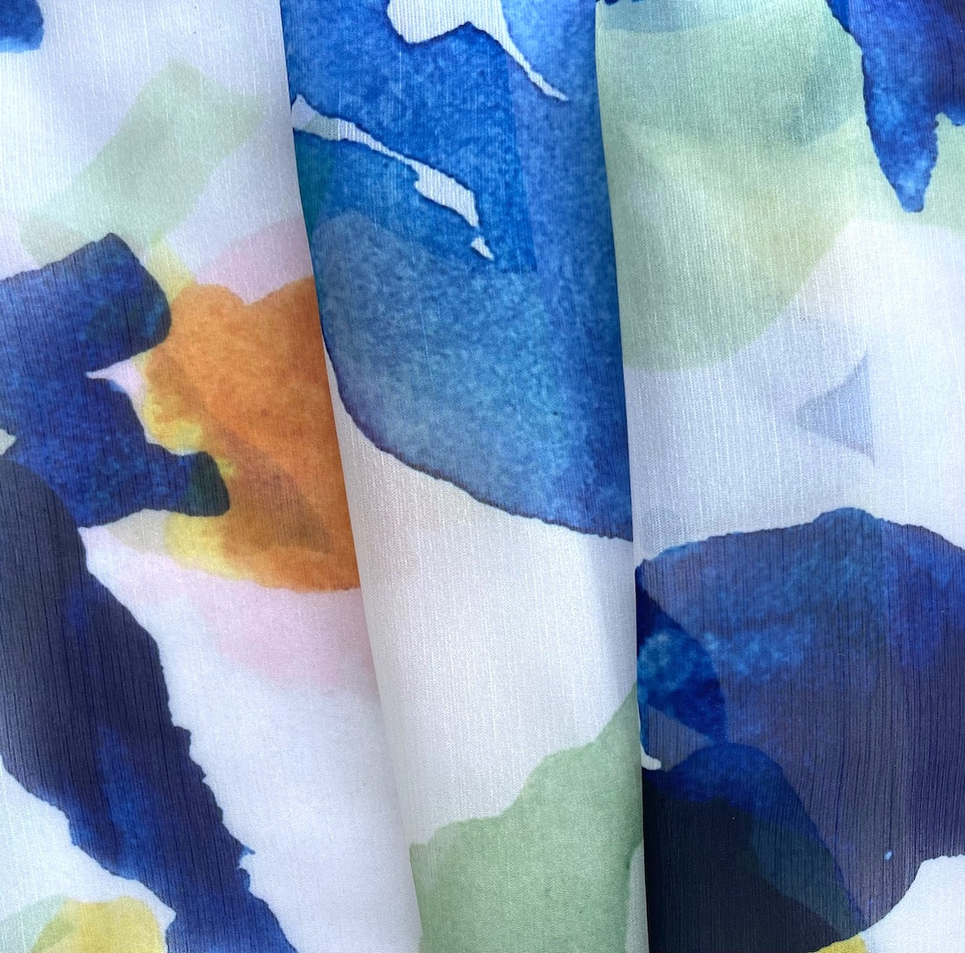 Semi-Sheer Abstract Cobalt & Butterscotch Crinkled Polyester Chiffon