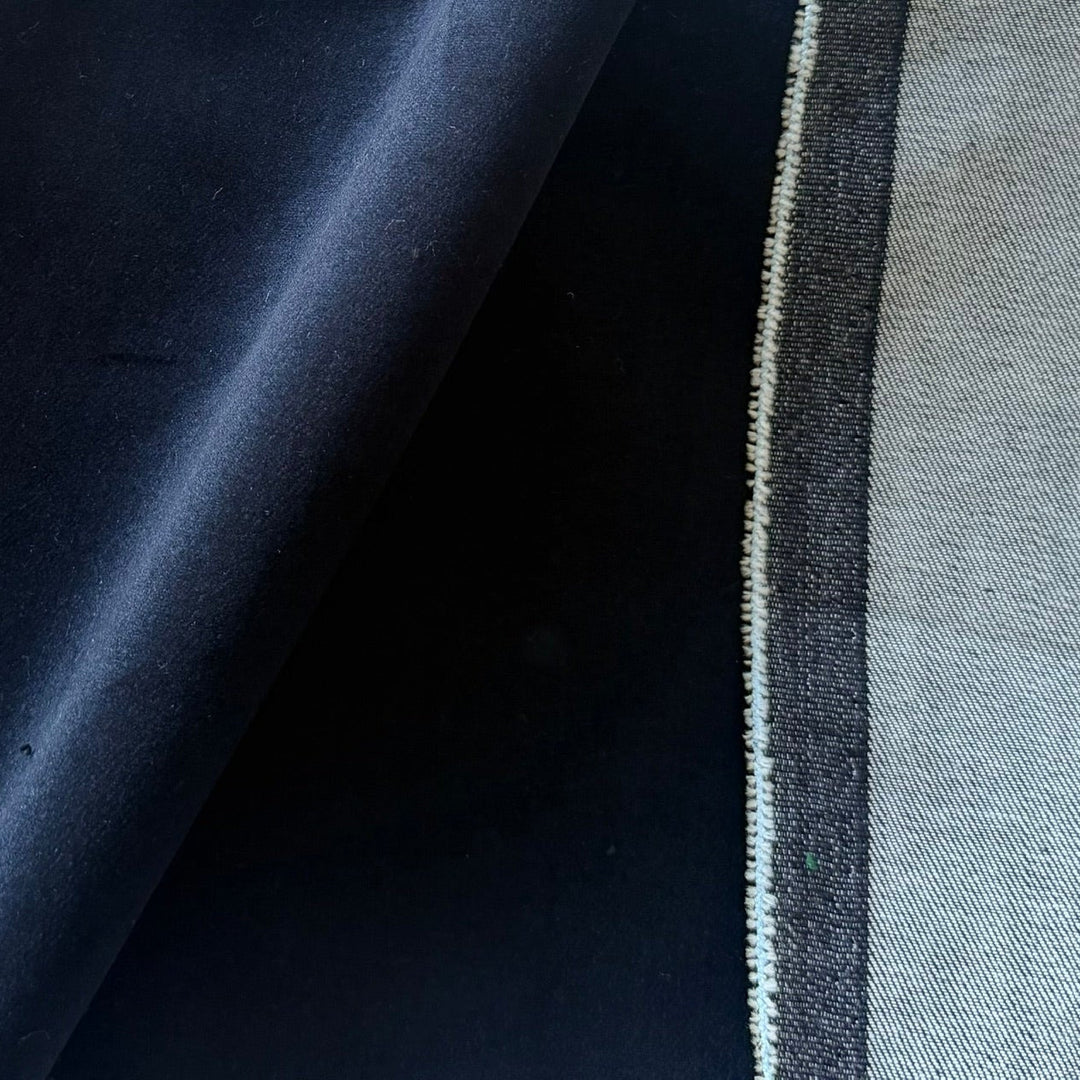 High-End Rich Navy with Denim Backing Stretch Cotton Blend Velvet (Made in Italy)