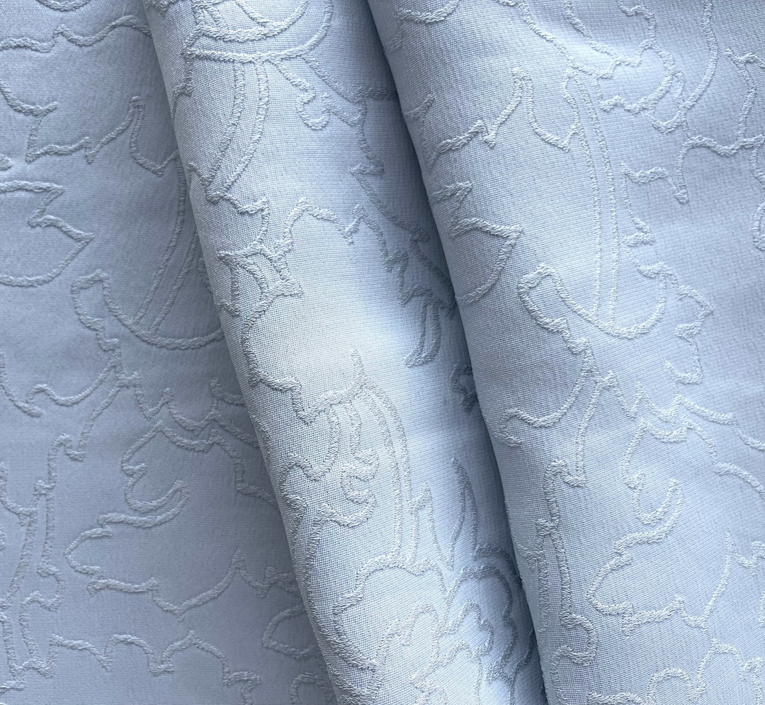 Arabesque Leaves Powder Blue Rayon Viscose & Silk Jacquard (Made in Italy)