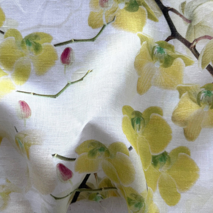 Lighter-Weight Citron Grape Lilies on White Linen (Made in Poland)