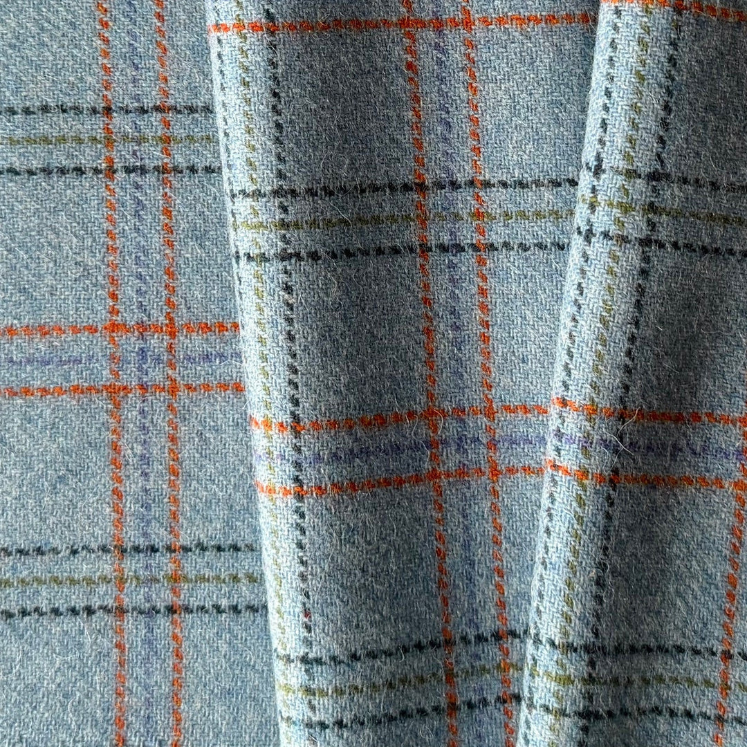 Sparkling Sky Blue & Tangerine Wool Plaid (Made in Ireland)
