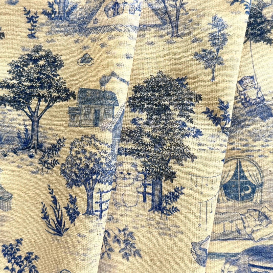 Yukiemon Cat Garden Toile Blue Cotton & Linen Blend (Made in Japan)