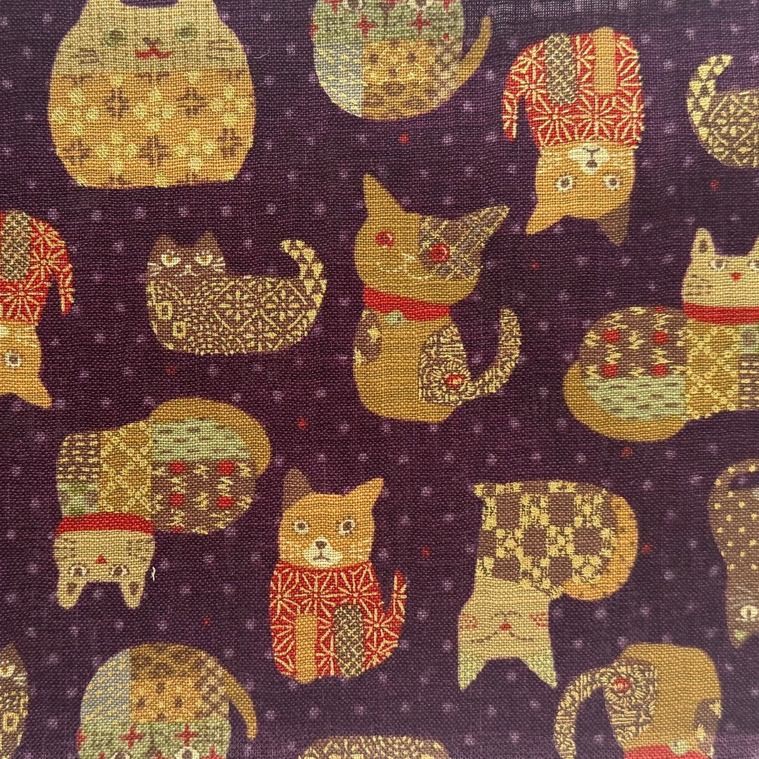Patchwork Cats Purple Homespun Quilting Cotton (Made in Japan)
