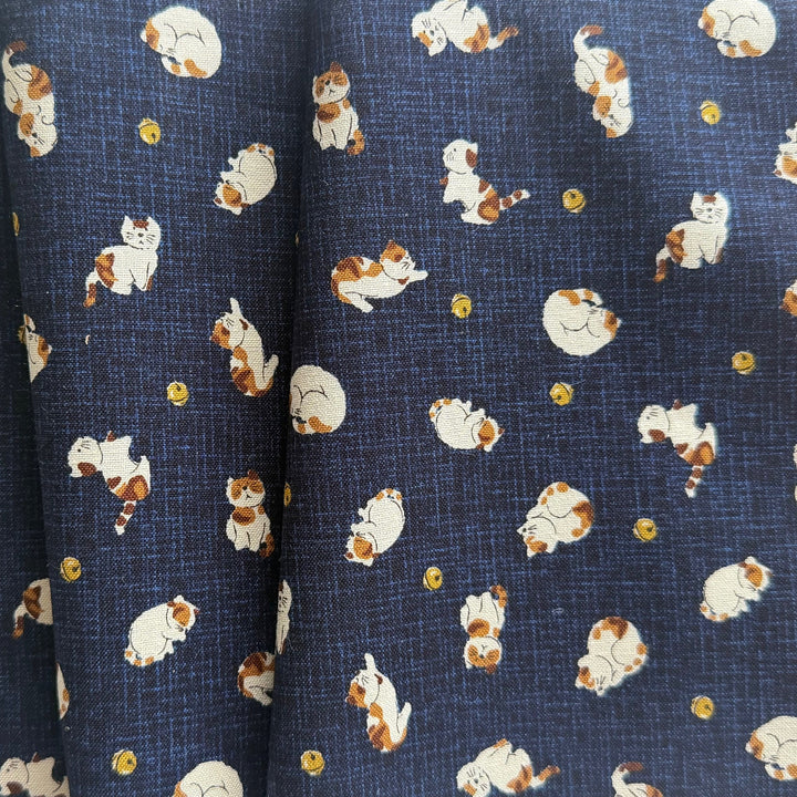 Kasuri Playful Cats & Bells Navy Quilting Cotton (Made in Japan)
