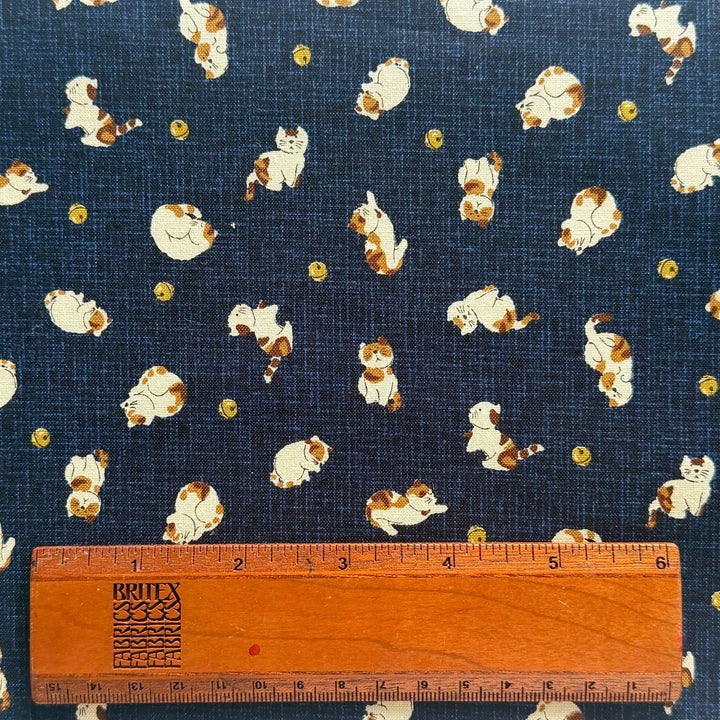 Kasuri Playful Cats & Bells Navy Quilting Cotton (Made in Japan)