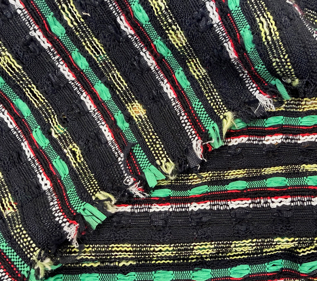 Loosely Woven Grass Green, Red & White Ribbon Striped Cotton Blend (Made in Korea)