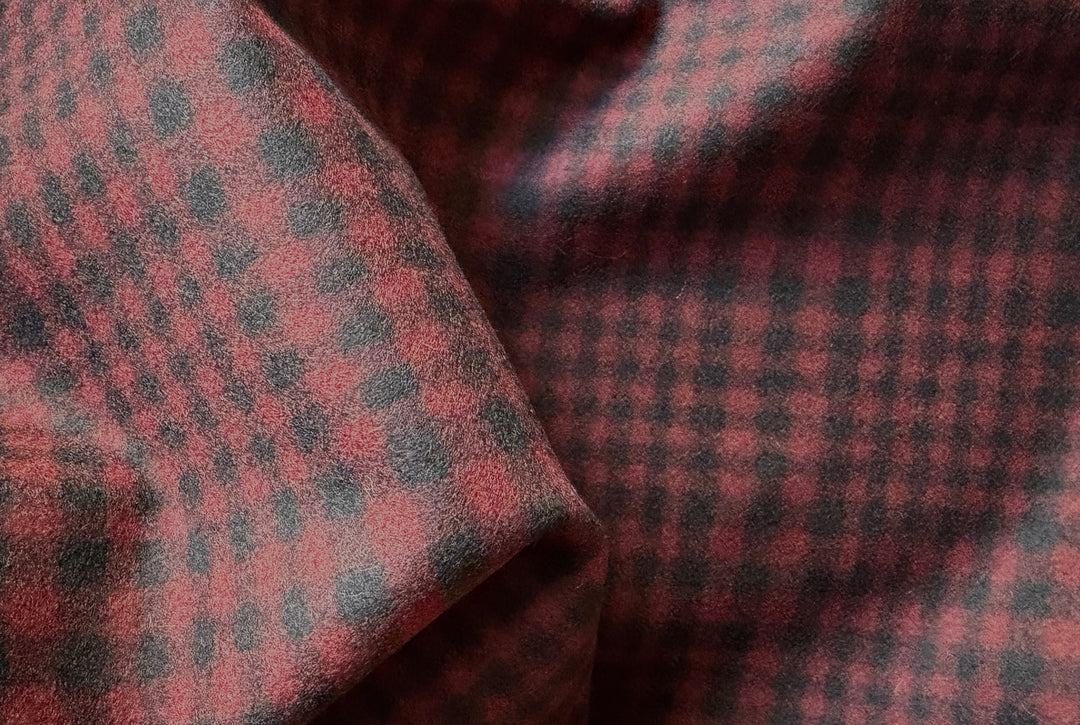 Designer Black & Red Checked Wool Melton Coating (Made in Italy)