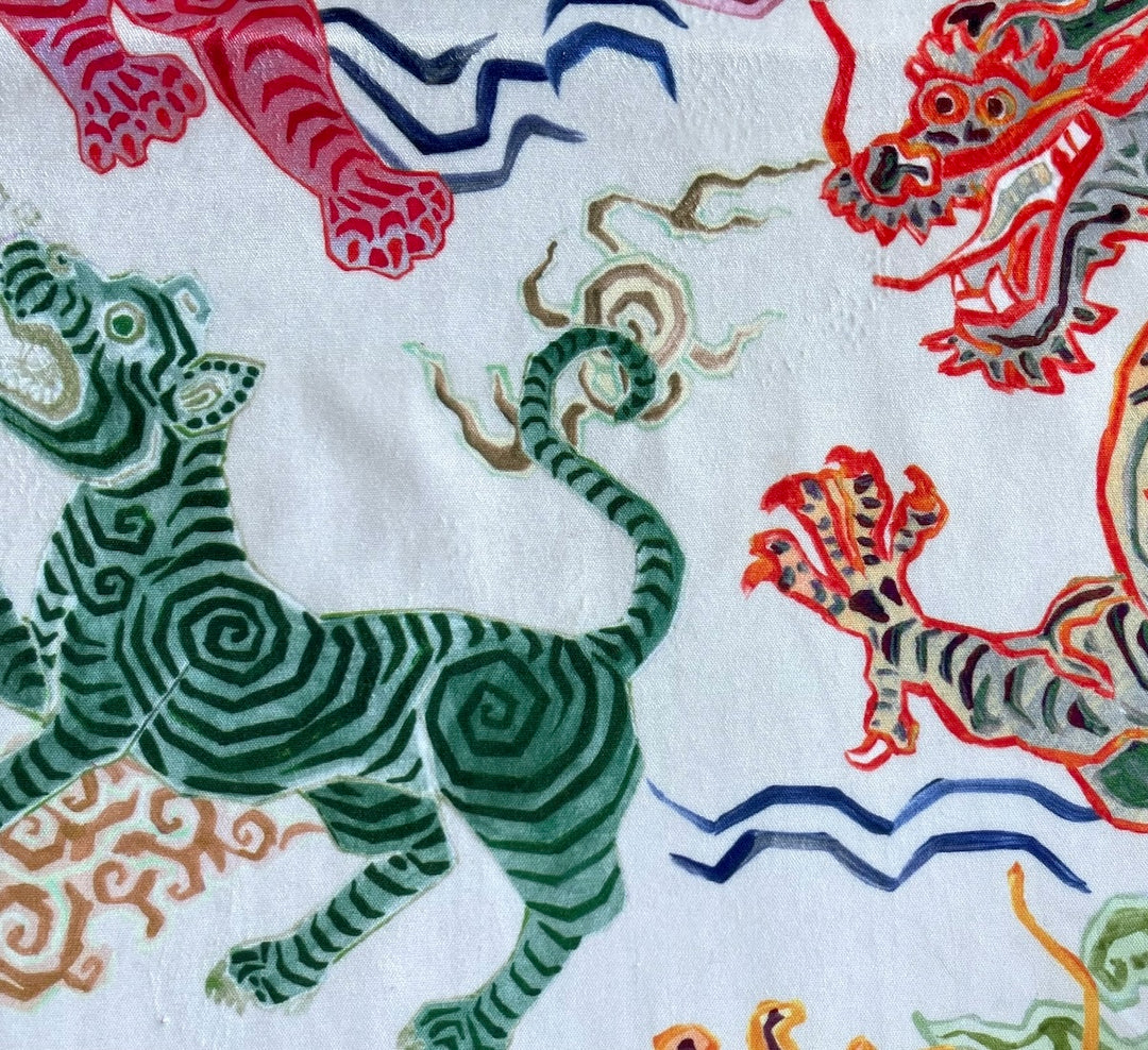 Fulsome Colorful Tibetan Dragons & Tigers on Cloud White Polyester Velvet