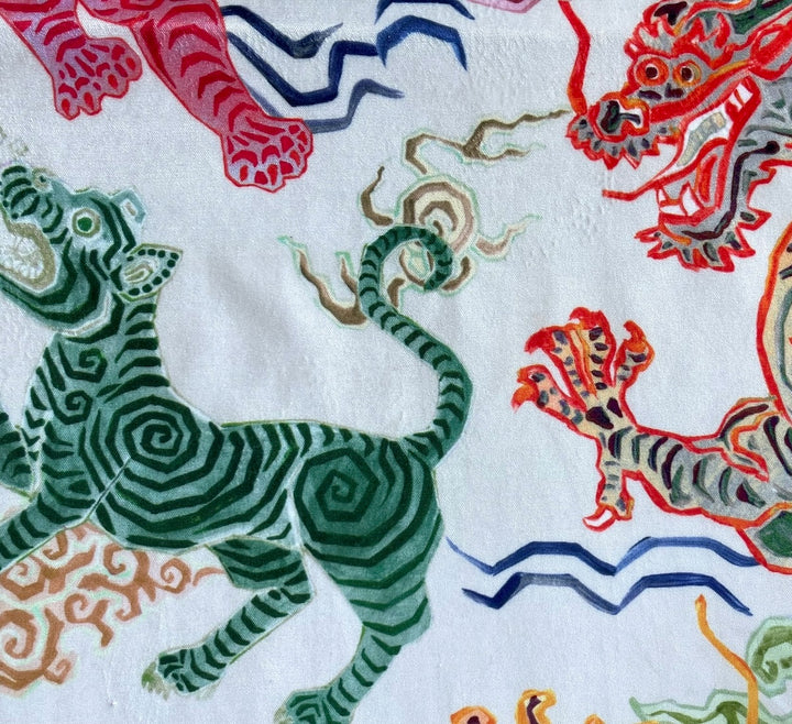 Fulsome Colorful Tibetan Dragons & Tigers on Cloud White Polyester Velvet