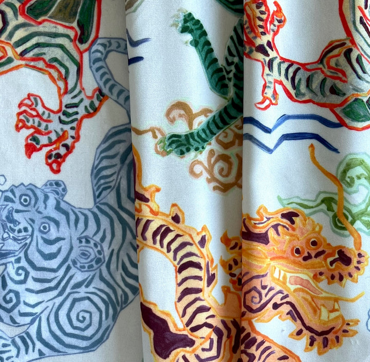 Fulsome Colorful Tibetan Dragons & Tigers on Cloud White Polyester Velvet