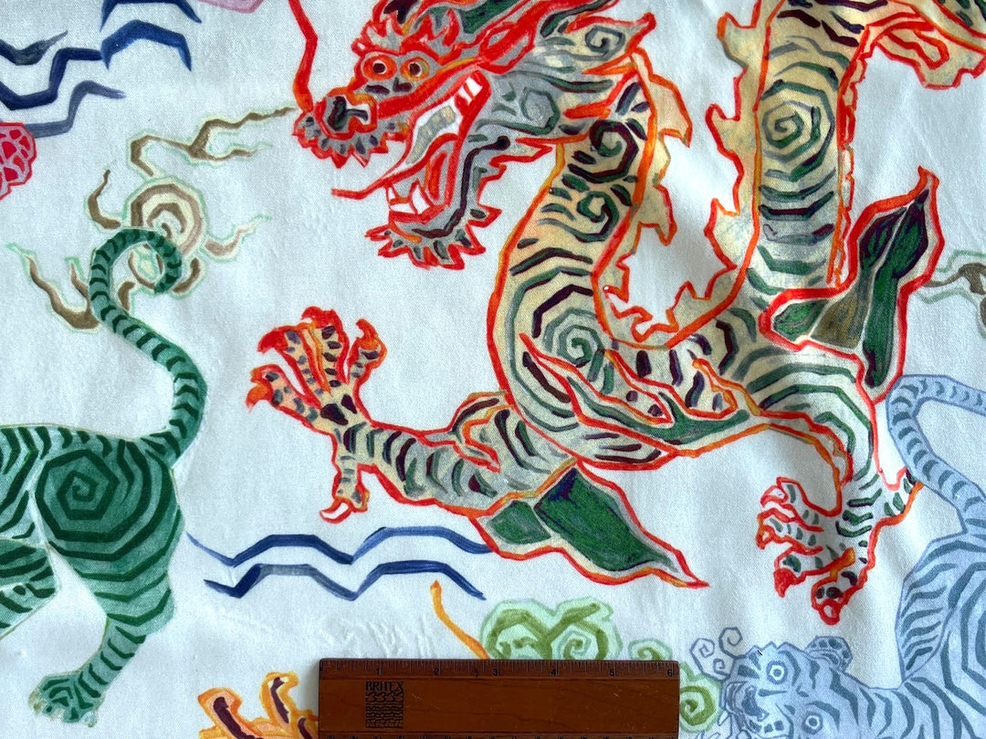 Fulsome Colorful Tibetan Dragons & Tigers on Cloud White Polyester Velvet