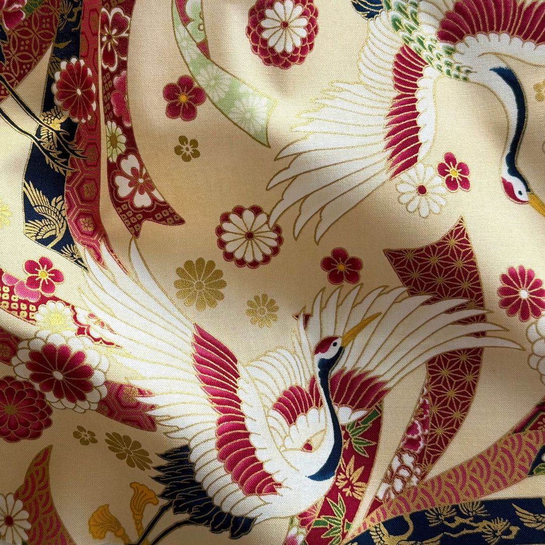 Cranes & Chrysanthemums on Cream Quilting Cotton (Made in Japan)