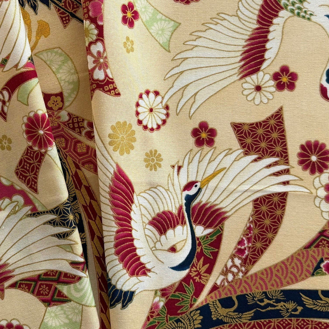Cranes & Chrysanthemums on Cream Quilting Cotton (Made in Japan)