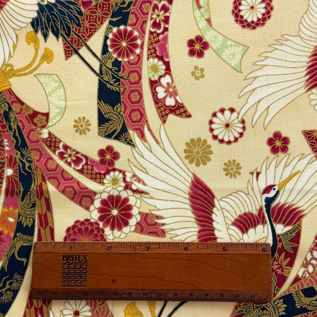 Cranes & Chrysanthemums on Cream Quilting Cotton (Made in Japan)