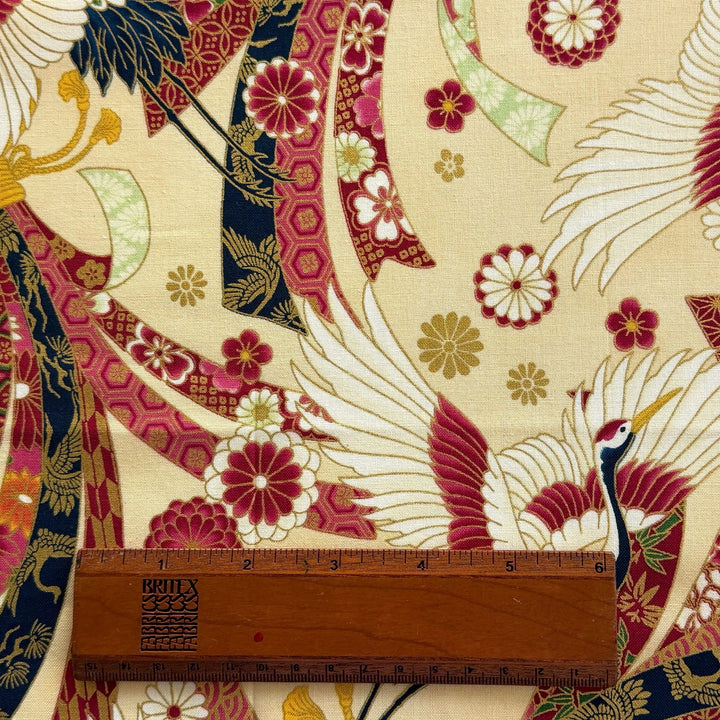 Cranes & Chrysanthemums on Cream Quilting Cotton (Made in Japan)