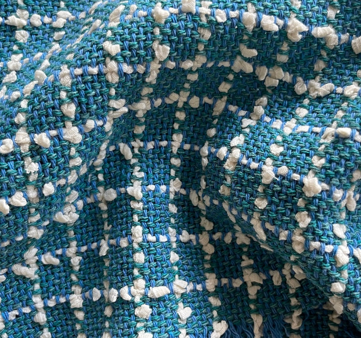 Cerulean & Turquoise Checked Cotton Blend Bouclé (Made in Italy)