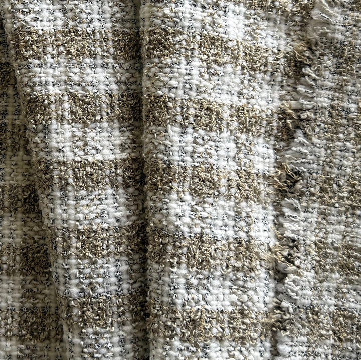 High-End Tanned Beige & White Checked Cotton Blend Bouclé (Made in Italy)
