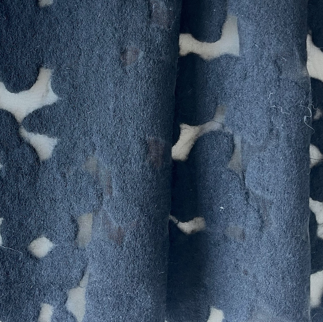 Semi-Sheer Jet Black Floral Felted Boiled Wool