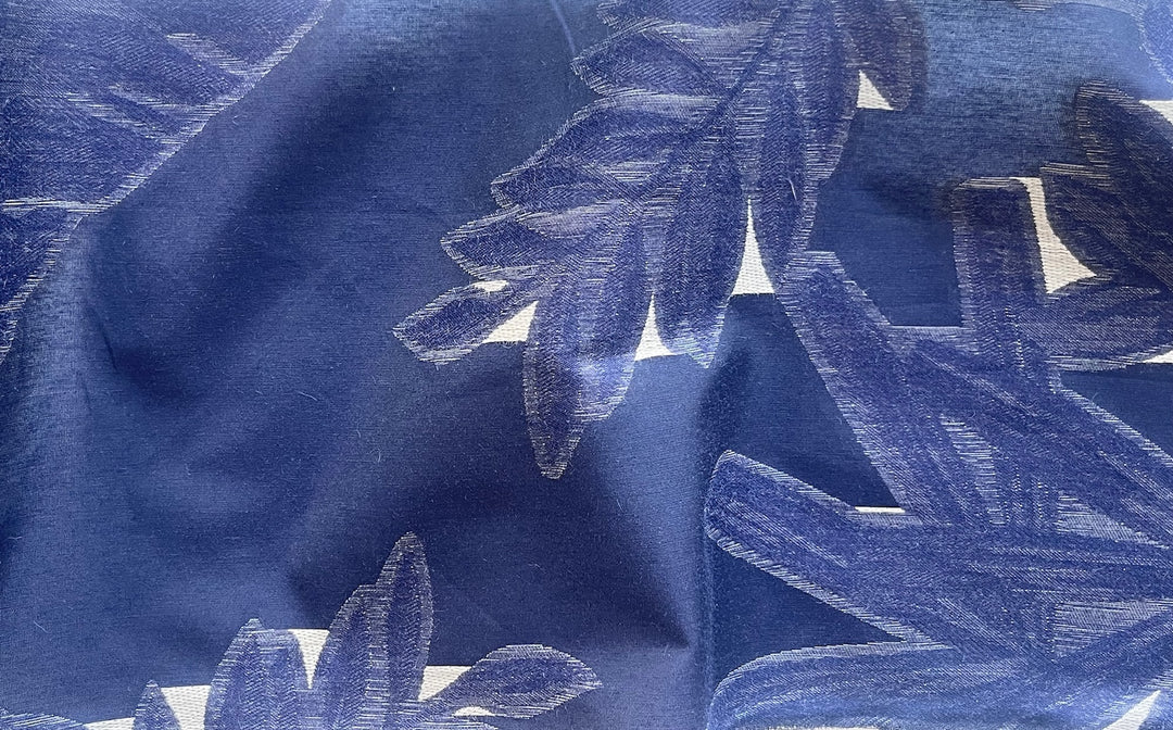 Greige Palm Leaves on Indigo Cotton Blend