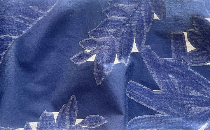 Greige Palm Leaves on Indigo Cotton Blend