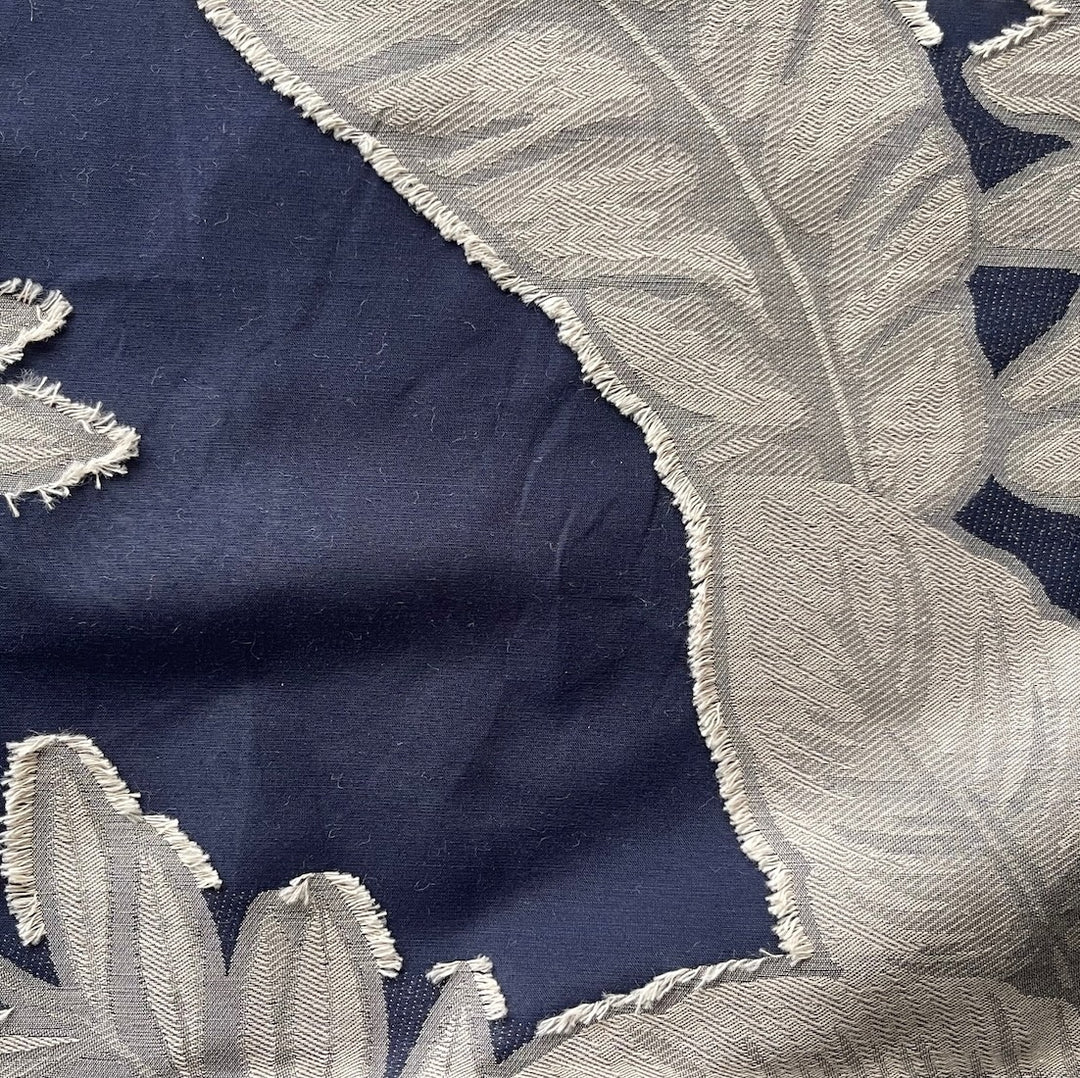 Greige Palm Leaves on Indigo Cotton Blend