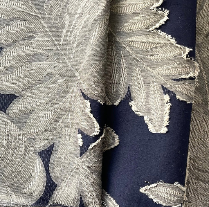 Greige Palm Leaves on Indigo Cotton Blend