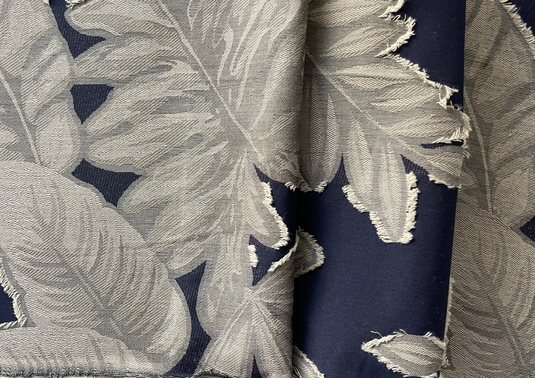 Greige Palm Leaves on Indigo Cotton Blend