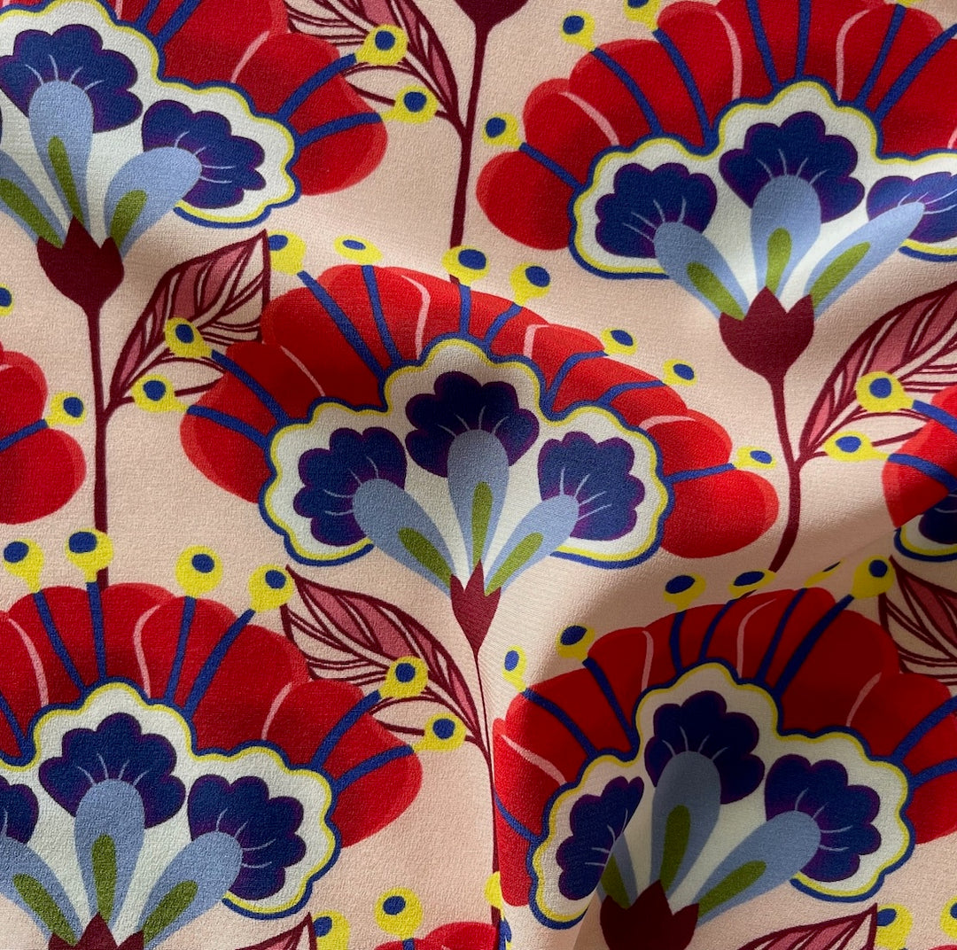 Cobalt & Merlot Fan-Shaped Flowers Stretch Silk Crepe de Chine (Made in Italy)