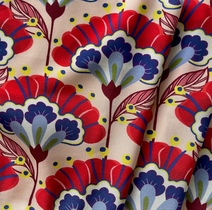 Cobalt & Merlot Fan-Shaped Flowers Stretch Silk Crepe de Chine (Made in Italy)