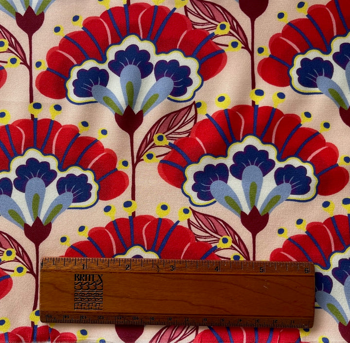 Cobalt & Merlot Fan-Shaped Flowers Stretch Silk Crepe de Chine (Made in Italy)