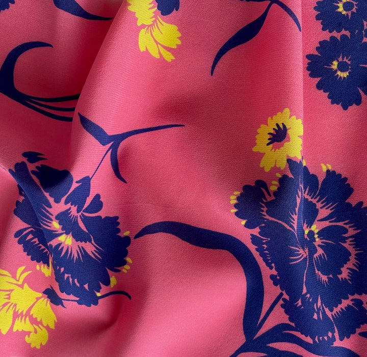 Airy Dianthus Flowers on Coral Stretch Silk Crepe de Chine (Made in Italy)