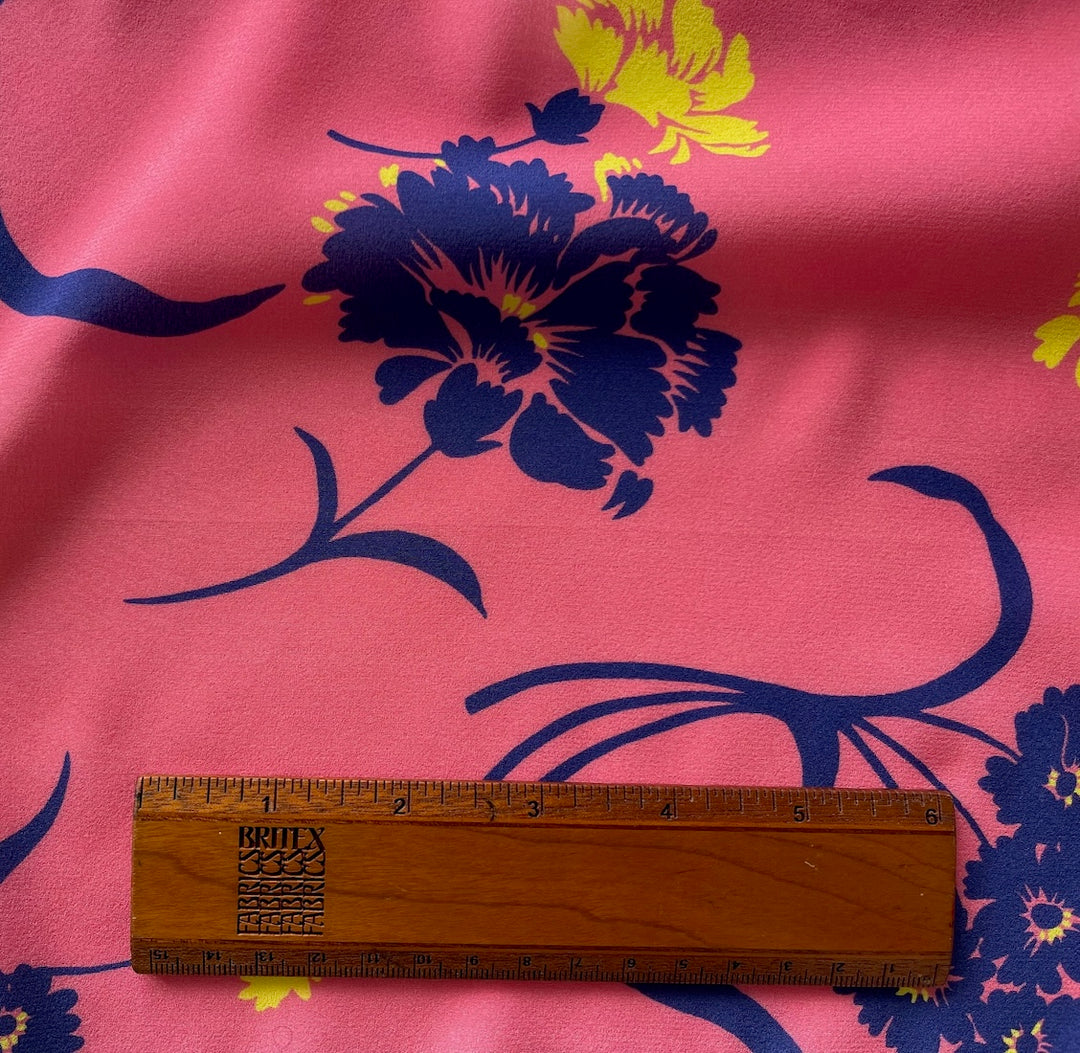 Airy Dianthus Flowers on Coral Stretch Silk Crepe de Chine (Made in Italy)