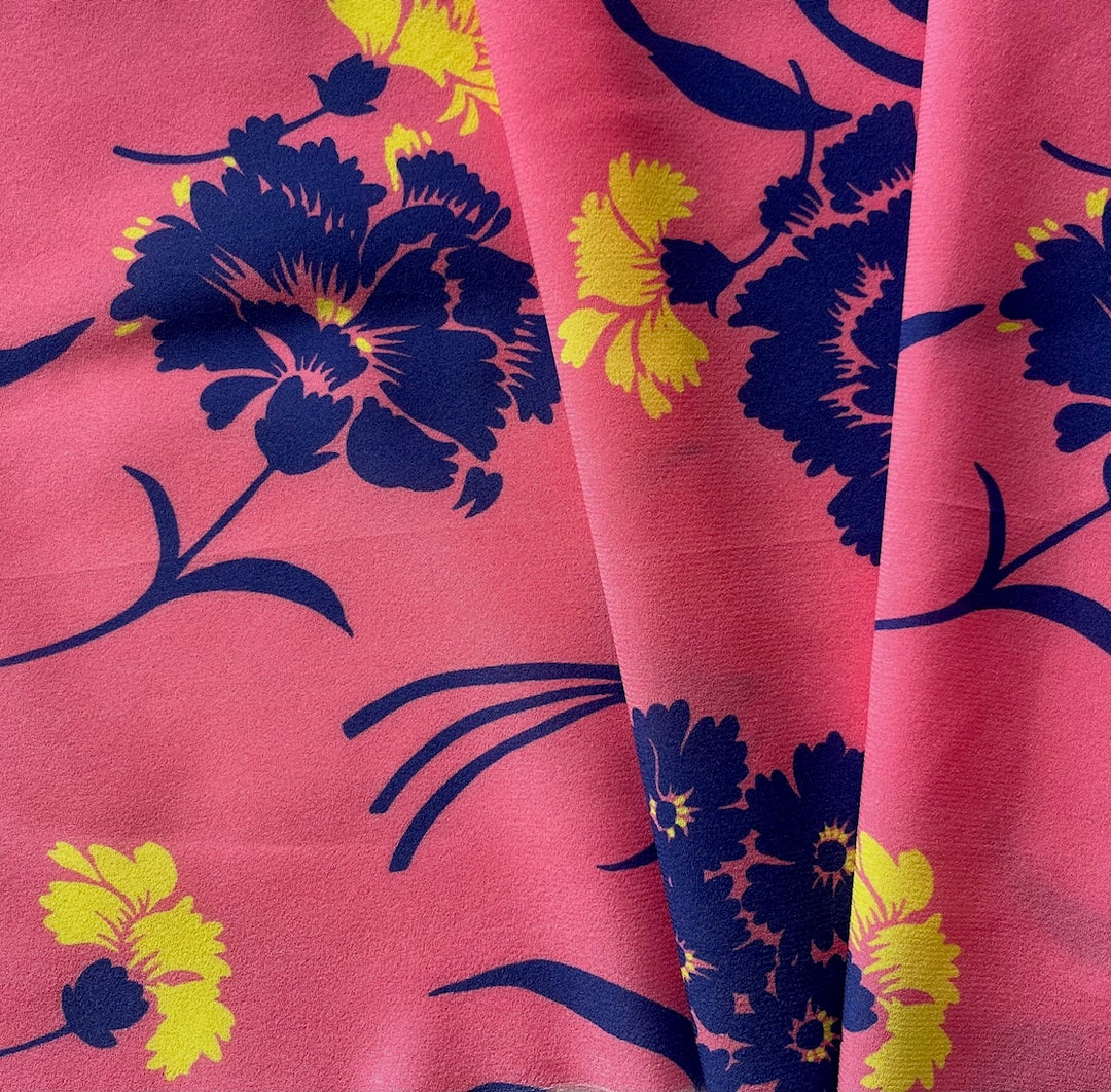 Airy Dianthus Flowers on Coral Stretch Silk Crepe de Chine (Made in Italy)